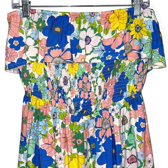 Pink Lily Floral Strapless Smocked Ruffle Summer Romper Size Large - Picture 2 of 15